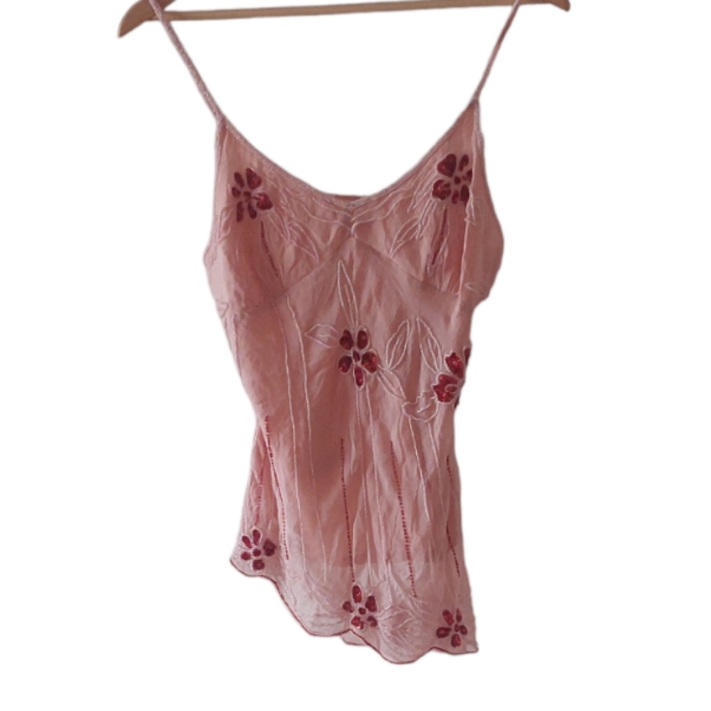 Pink silk beaded Miss Me top